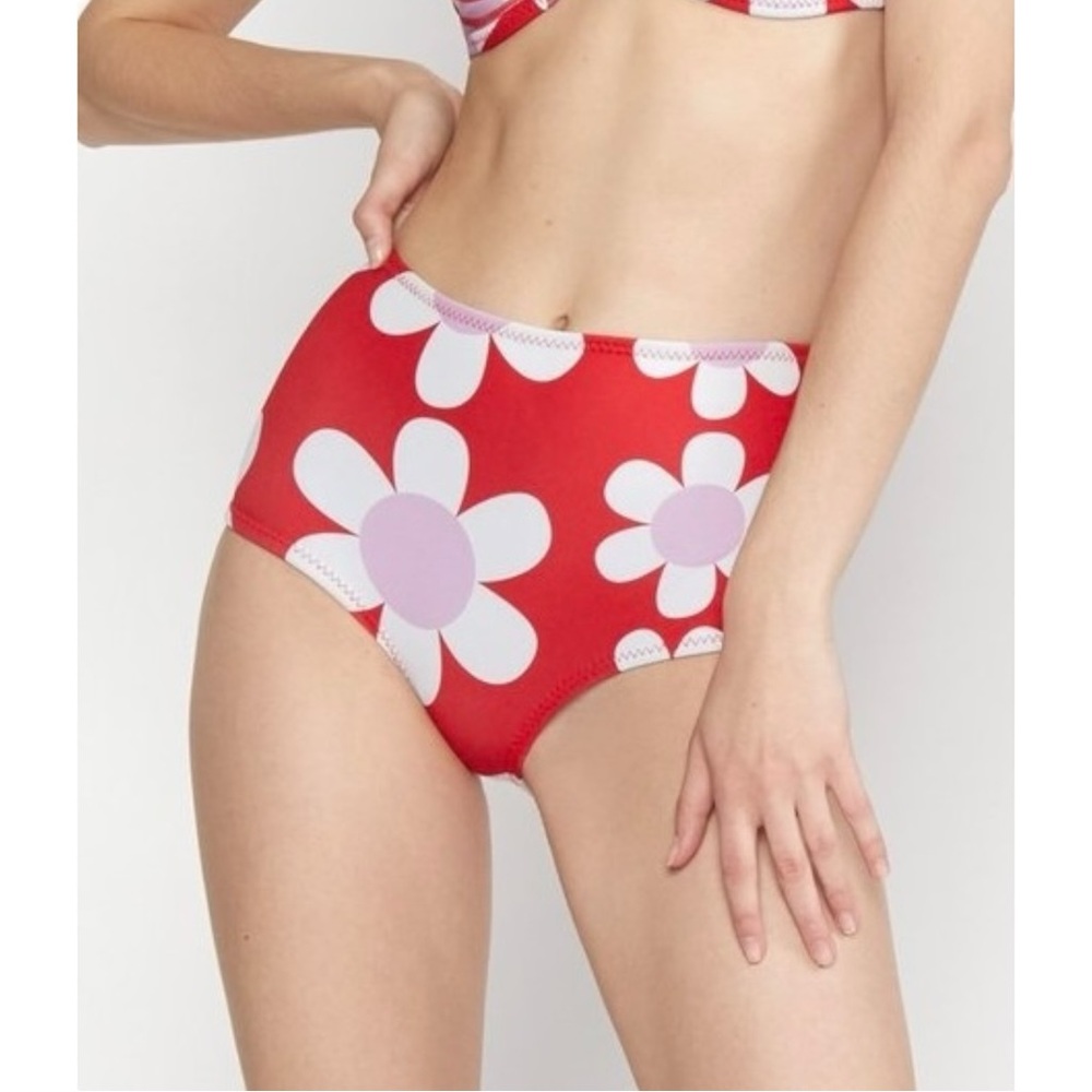 Cynthia Rowley Liv Daisy Neoprene Bikini Bottom - Red Floral Swimsuit Bottoms